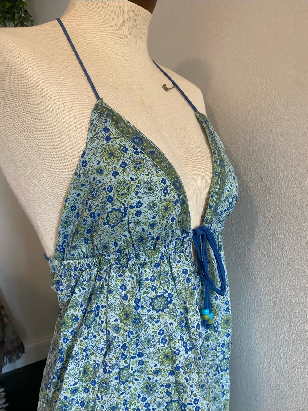 Vintage Blue and Green Floral Halter Cotton Maxi Dress Size S - Picture 3 of 11